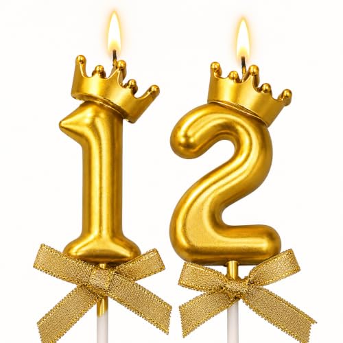 Image of Gold Crown Number 12 or 21 Birthday Cake Candles, Pack of 2