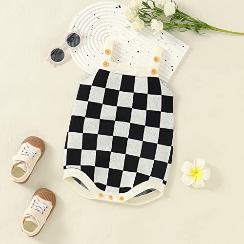 Newborn Baby Girl Summer Clothes Checkerboard Plaid Print Sleeveless Knitted Bodysuit Romper One Piece Jumpsuit Outfit (Black, 3-6 Months) #TOP1