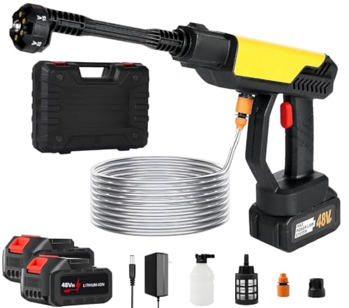 Image of BOVTY Turbowash Cordless Portable 48V Wireless Pressure Washer Gun -12000mAh High Pressure Water Gun for Car and Bike Wash, Adjustable 6 in 1 Nozzle, 5M Hose Pipe, Double Battery Included (Yellow)