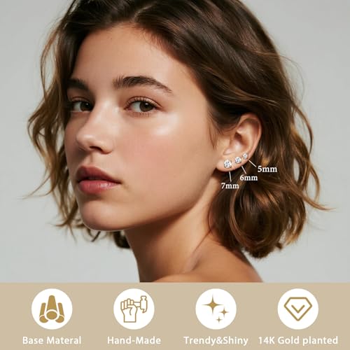 7 Pairs 20G Flat Back Stud Earrings for Women Men Hypoallergenic 14K Gold Plated Surgical Steel Stack Cartilage Earrings for Multiple Piercing Sensitive Ears Bonus Plum Blossom FlatBack Studs CZ 2-8mm3