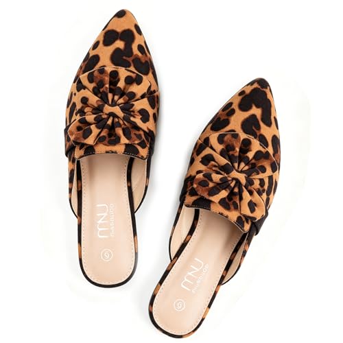 Image of MUSSHOE Pointed Toe Women's Bow Mules: Slip On Backless Loafers - Dressy Casual Flat Shoes for Office Work & Everyday Wear
