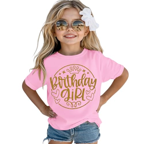 BOUTIKOME Birthday Girl Shirt Toddler Kid Girls Tie Dye T-Shirt Sequins Crown Birthday Outfits Tees B-Day Gifts Party Tops(Pink-1 8-9Y)