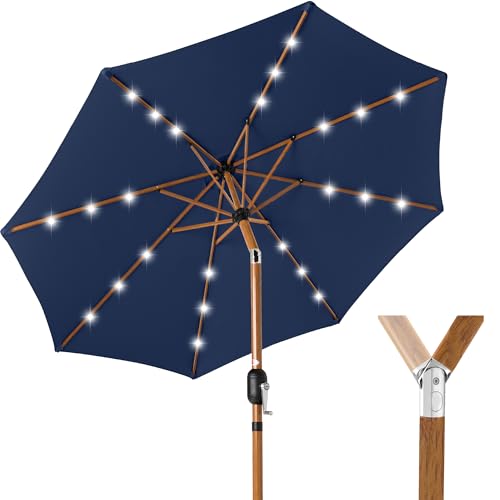 Best Choice Products 10ft Solar Market Patio Umbrella w/Woodgrain Pattern Pole, LED Lights, Tilt & Crank - Outdoor Sun Shade for Backyard Table, Deck, Poolside - Navy Blue