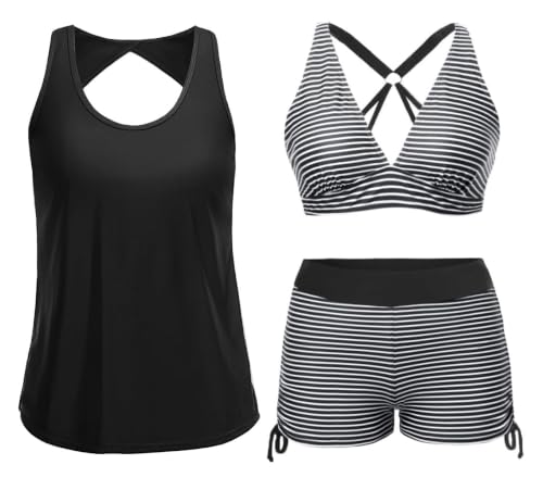 Image of Yonique 3 Piece Tankini Swimsuits for Women Swim Tank Top Bathing Suits with Boy Shorts and Bra Athletic Swimwear