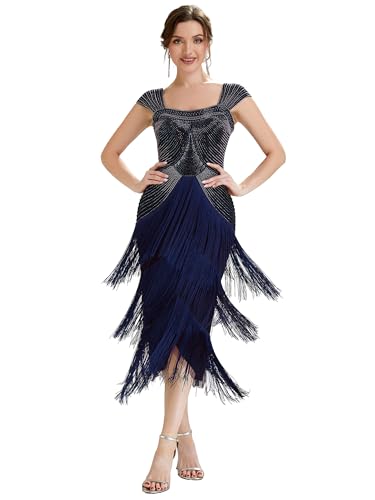 Ever-Pretty Womens Vintage Fringed 1920s Flapper Dresses Cap Sleeve Sequin Beaded Midi Spring Formal Wedding Guest Dress Navy Blue US6