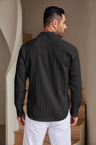 Image of DEELMO Men's Casual Button Down Shirts Long Sleeve Linen Shirt Fashion Textured Beach Summer Shirt