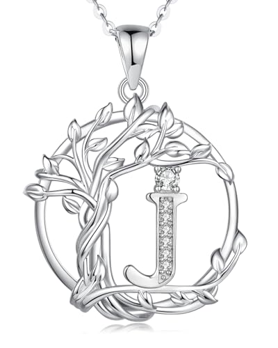 FANCIME Collares con inicial del árbol de la vida para mujer, joyería de árbol de plata de ley, colgante de letra de diamante de imitación, circonita cúbica, regalo personalizado de cumpleaños, día de