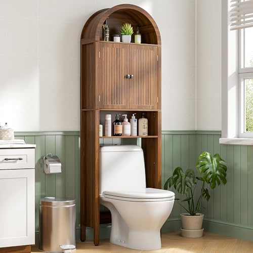 Arched Over The Toilet Storage Cabinet with Fluted Doors 4 Tier Small Bathroom Shelf Organizer Mid Century Modern Bathroom Cabinet with Adjustable Shelf Slim Narrow Arch Toilet Rack Walnut