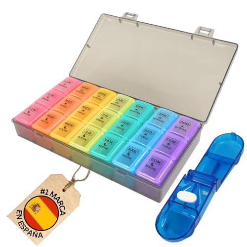 PEPPER® Pastillero Semanal 3 Tomas Español + Corta Pastillas | Organizador de Medicamentos Grande y Diario | Pastilleros Semanales para Viaje, Personas Mayores, Letras Resistentes