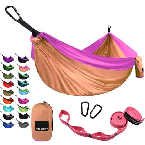 Gold Armour Camping Hammock - Portable Hammock Single Hammock Camping Accessories Gear for Outdoor Indoor Adult Kids USA Based Brand (Peach & Pink)