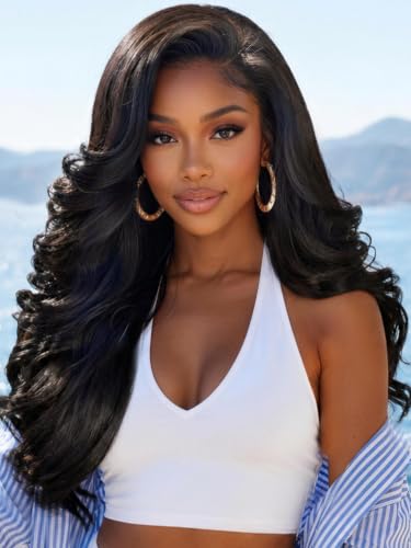 Image of KLAIYI Pre Everything Glueless Layer Side Part Loose Body Wave 13x4 Lace Front Wigs Human Hair Drawstring Curtain Bangs Face framing Pre Bleached Knots Pre Plucked 3S Ready to Put On and Go Wig 22Inch
