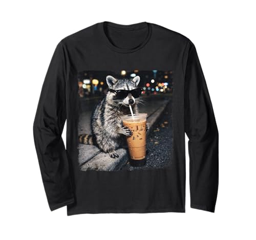 Funny Raccoon Drinking Iced Coffee Funny Animal Meme Raccoon Long Sleeve T-Shirt