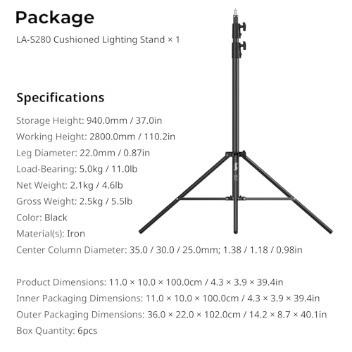 Image of SmallRig LA-S28 Light Stand for Photography, 9.2ft / 280cm / 110 inch Spring Cushioned Lighting Stand, Max Load 5kg / 11lbs, Compact Lightstand for Reflector, Ring Light, Softbox and COB Light
