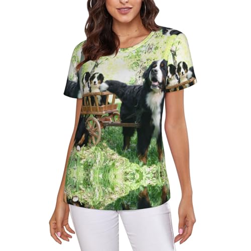 Dog Family - Camisetas de manga corta para mujer, bonitas, cómodas, elásticas, cuello redondo, camisetas de verano, NEGRO, L