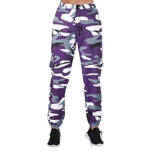 Generisch Pantalones cargo para mujer, pantalones de camuflaje, cintura elástica, informales, multi al aire libre, pantalones cortos para mujer, elegantes, morado, XL