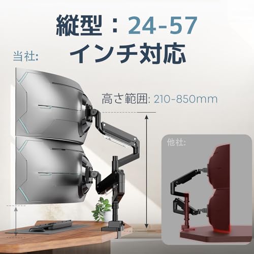 WORLDLIFT モニターアーム デュアル 上下2画面 ロングポール 24～57インチ対応 耐荷重2～27kg/1モニター ガススプリング アーム 縦/横並び グロメット式&クランプ式 VESA規格75x75-200x200mm