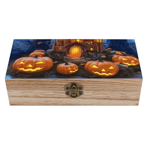 Caja de madera con tapa abatible - Cajas de recuerdos con forma de calabaza y castillo de Halloween | Organizador de almacenamiento natural para joyas, materiales de arte y proyectos de bricolaje |