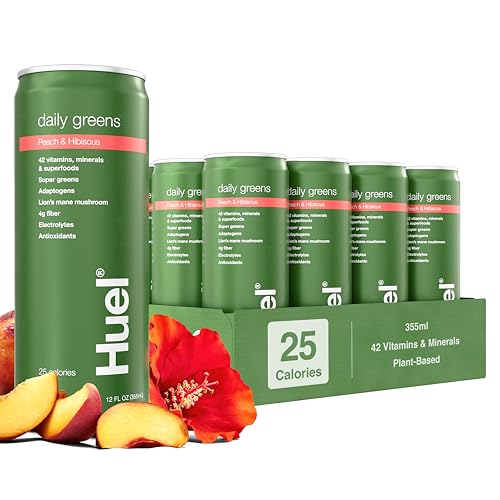 Huel Daily Greens Ready-to-Drink | Peach Hibiscus Superfood Greens | 42 Vitamins Minerals and Wholefood-Sourced Ingredients | Adaptogens Antioxidants Gut-Friendly Probiotics | 12 Fl Oz 12 Pk
