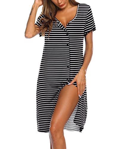 Image of Ekouaer Women's Nightshirt Short Sleeve Button Down Nightgown V-Neck Sleepwear Pajama Dress