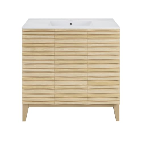 Image of Swiss Madison Cascade 36 in. Natural Oak Bathroom Vanity with White, 3-Hole Ceramic Sink Top