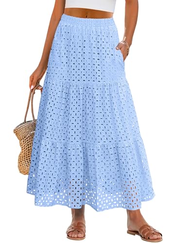 ANRABESS Maxi Skirts for Women Boho Tiered Eyelet Elastic High Waist A-Line Summer Casual Flowy Beach Vacation Long Skirt