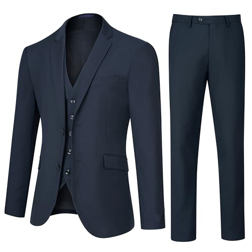 Men's Slim Fit 3 Piece Suit Set, Two Button Solid Blazer Jacket with Multi-Functional Pockets for Business/Party
