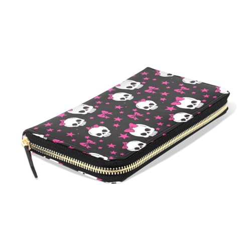 Long Wallets Leather Bifold Wallet for Women Skull Pink Bow with Zipper Credit Card Holder Large Capacity3