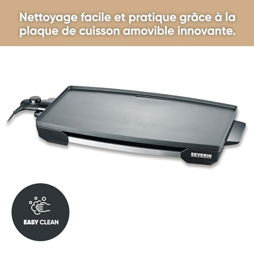 SEVERIN Plancha 2 200 W, Plaque de cuisson XXL pour viandes, poissons & légumes au revêtement anti-adhésif, Gril électrique avec bac récupérateur de graisse amovible, Noir, KG 2397