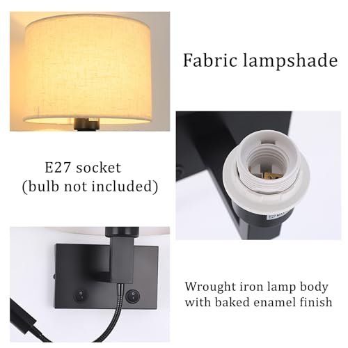 Ángulo ajustable 360° en aplique de pared E27 con interruptor y pantalla textil 4