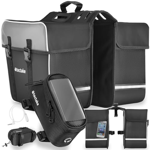 tectake® Fahrrad Taschen Set, 20,5 x 10 x 10,5 cm, Fahrradtasche mit 2 Fächern + Rahmentasche inkl. Touch Handytasche, mit Schnallenverschluss, Griff u. Reflektor, Spannseilsicherung - schwarz