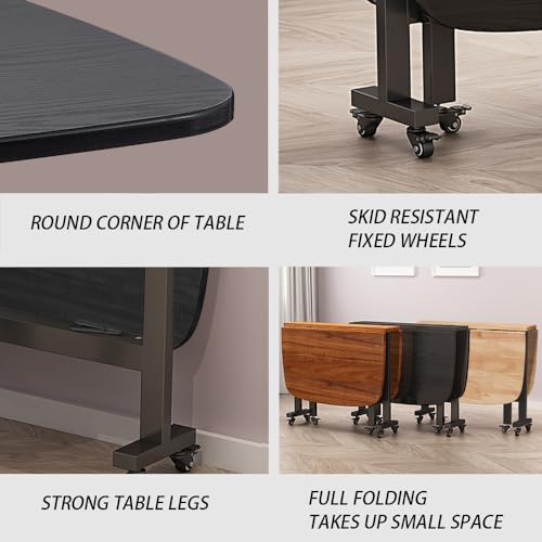 Rukulin Multifunction Table Drop Leaf Dining Table - 47" Wooden Foldable Kitchen Table with 6 Wheels (Black)