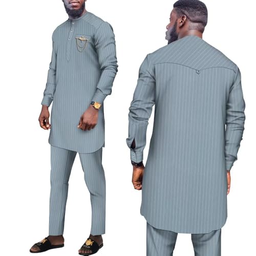African Suit for Men Traditional Stripe Blazer and Pants 2 Piece Set Business Formal Dress Suit Party Wedding Evening