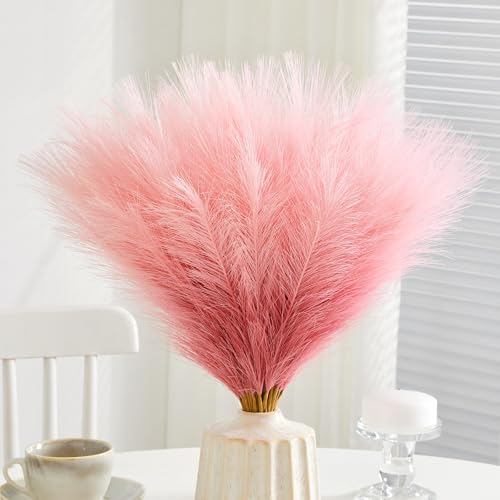 Cilimnas 50pcs Faux Pampas Grass 17.7 Artificial Fluffy Pampas Grass Decor Short Fake Pompos for Home Room Birthday Party Centerpieces Decoration(Gridient Pink)