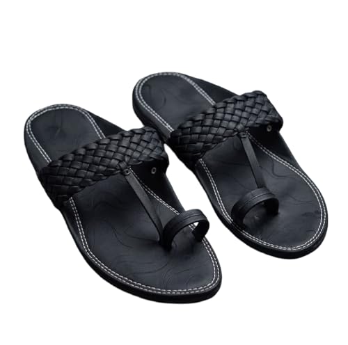 Image of Agadi Men's Kolhapuri Style Sandals | Handcrafted Woven Strap Toe Ring Chappals | Comfortable Ethnic & Casual Slip-On Footwear for Men