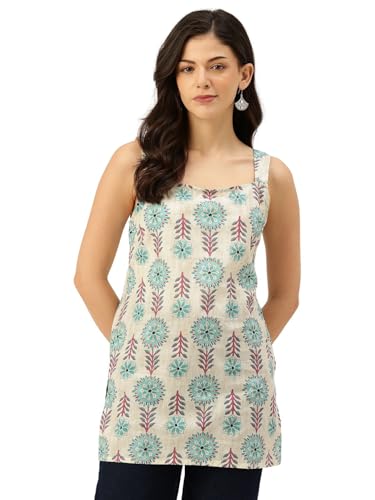 Image of feranoid Women's Printed Sleeveless Short Kurti with Stylish Neck, Backless Design & Side Slits (XS-XL)
