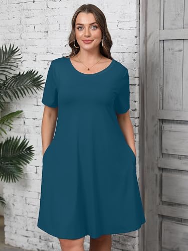 Image of AusLook Plus Size Midi Dress for Women Casual Summer Short Sleeve A Line Swing Dress with Pocket Round Neck Flowy Dress 1X-5X