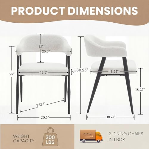 Image of HNY Modern Dining Room Arm Chairs Set of 2, Mid-Century White Faux Sherpa Boucle Upholstered Barrel Dining Chairs with Arms, Black Metal Legs, Open-Back Kitchen Side Chair for Living Room