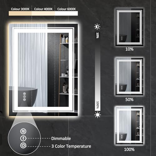 32" x 24" LED Bathroom Mirror with Lights, Front and Backlit Mirror, Anti-Fog Lighted Vanity Mirror, Stepless Dimmable, 3 Colors LED Mirror (Horizontal/Vertical)