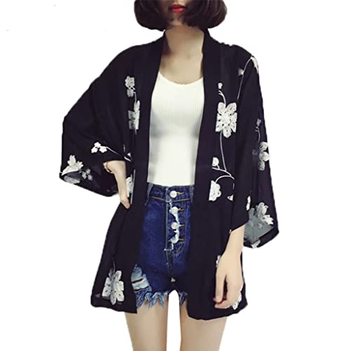 Kimono floral brodé en mousseline noire le cardigan lâche au design bohème unique