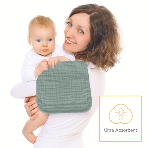 Image of Lovely Care 12 Pack Muslin Burp Cloths 100% Cotton Muslin Cloths Large 20''x10'' Extra Soft and Absorbent Baby Burping Cloth - Green