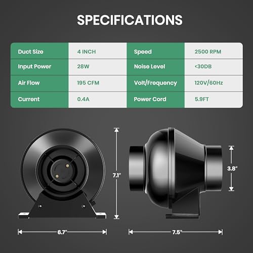 HealSmart 4 Inch Inline Duct Fan, 195 CFM Ventilation Fan, Exhaust HVAC Vent Blower for Hydroponics, Grow Tents, Basements, Attics, 1 Pack, Black - Thumbnail 4