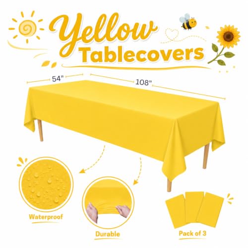 Image of Blue Orchards Yellow Plastic Table Cover (Pack of 3 with 20 Glue dots) - 54 inch x 108 inch - Bright Yellow Waterproof Disposable Tablecloth Decoration, Birthday, Baby Shower, Party Supplies, Wedding