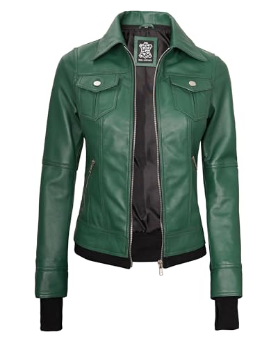 Image of Womens Leather Jacket with Detachable Hood - Real Lambskin Bomber Jacket Thumbholes Women