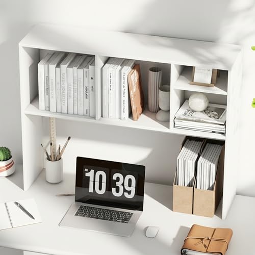 Image of Tangkula Desktop Bookshelf, Countertop Storage Hutch with 4 Shelves for Computer Desk, Desktop 2-Tier Display Rack, Multipurpose Wood Desktop Hutch Storage Organizer for Dorm Office Home (White)
