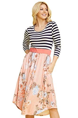 Image of Eloges Women's 3 /4 Sleeve Contrast Waist Band Floral Curved Hem Midi Dress