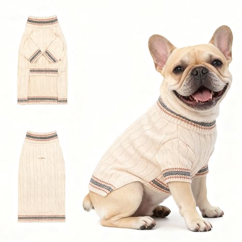 Image of Small /Medium Dog Sweater, Warm Dog Winter Coat w /Sleeves, Comfortable High Neck & Leash Hole, Premium Dog Clothes for Bulldog-Best for Holidays, Daily Walks L White