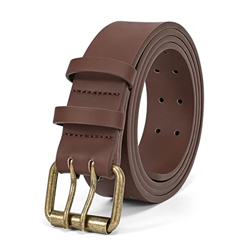 Image of JASGOOD Men Double Prong PU Leather Belt Casual Work Heavy Duty Belt Double Grommet Holes Belt for Jeans