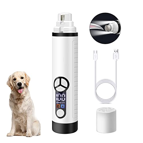 Dog Nail Grinder,upgraded-LCD display pet nail grinder, with 2 LED Light 3-speed rechargable pet nail trimmer Quite Low Noise for Small Medium Large dogs and cats (White)