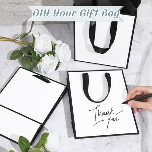 Image of Yeaqee 24 Pack Metallic Paper Gift Bag with Tissue, White Black | with Satin Ribbon Handle and Tissue, 9x7x3.1 Inch, Suit Business, Birthday, Christmas, Thank You Return Gifts Bags