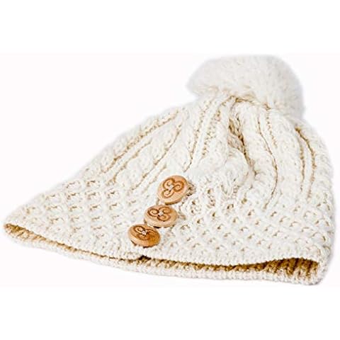 Aran Woollen Mills 100% Merino Wool Bobble Hat with Three Wooden Buttons Design, Natural Colour Cover